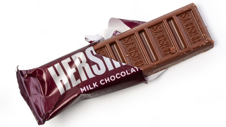 Hershey candy bar partially wrapped