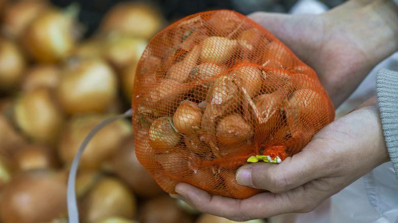 bag of onions at grocery store