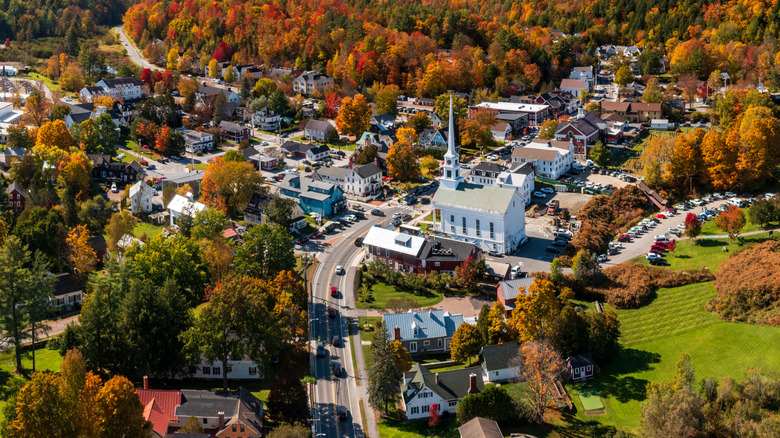 Aerial view of a town in Vermont in the fall