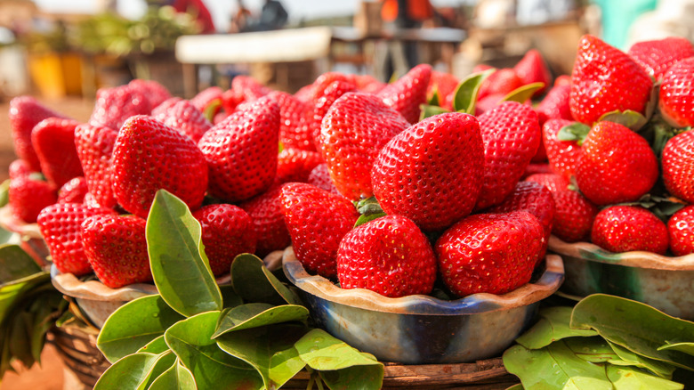 Close-up of fresh Mahabaleshwar strawberries in metal bowls