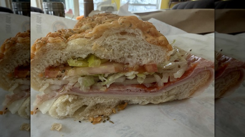 An example of a wilted, small Jersey Mike's sub on its white wrapping paper