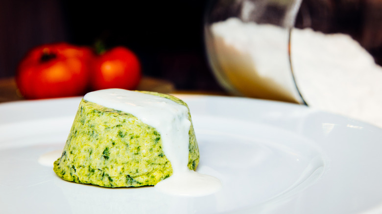 Close-up of an isolated homemade spinach soufflé
