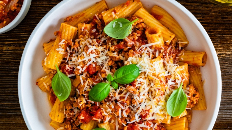 Bowl of rigatoni alla bolognese