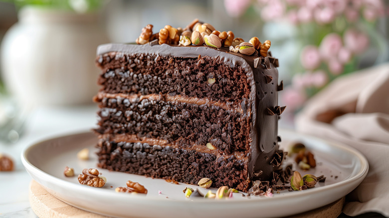 Slice of three-layered frosted chocolate cake with nuts