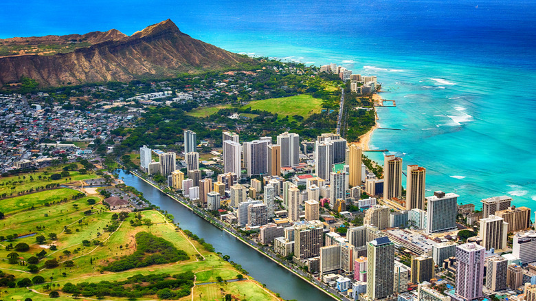 aerial shot of Honolulu, Hawaii skyline and Diamond Head mountain