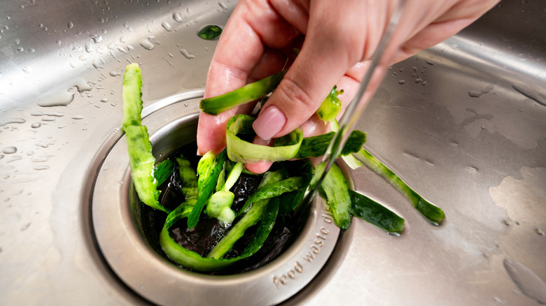 hand putting cucumber peels into garbage disposal
