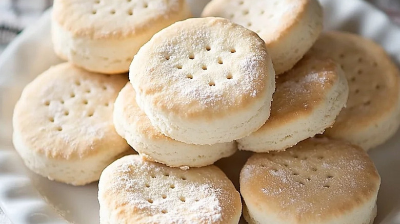 a pile of beaten biscuits on a white plate