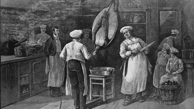 A black and white historical illustration from Harper's depicts chefs preparing a large sea turtle over a pan