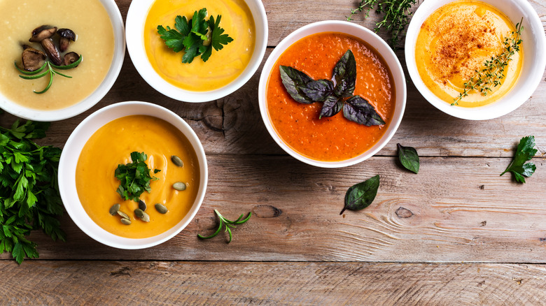 An array of different soup varieties