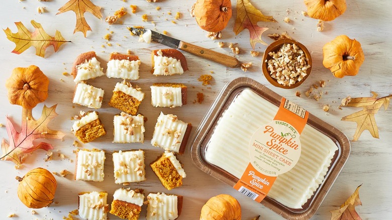 Trader Joe's pumpkin spice sheet cake in pan and sliced