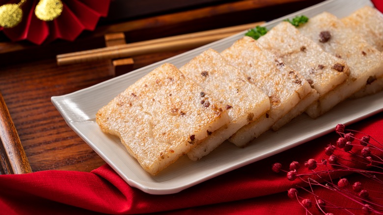 Close-up of Chinese turnip cakes for Lunar New Year