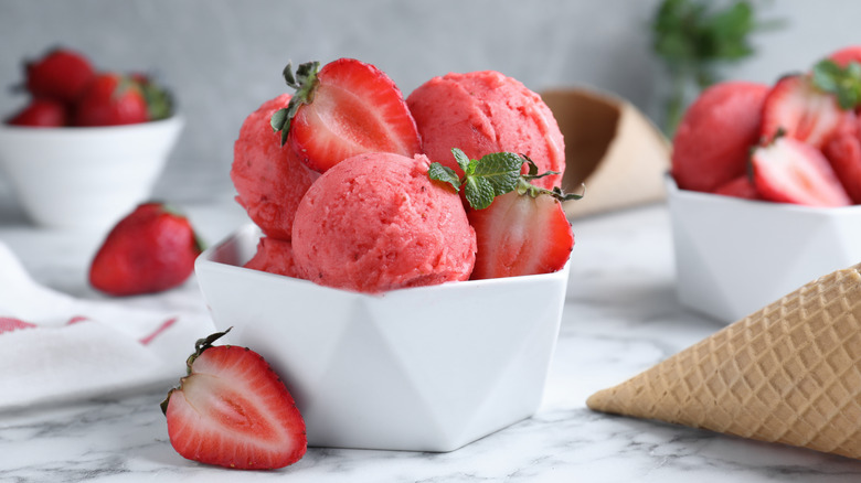 bowl of sorbet with strawberries