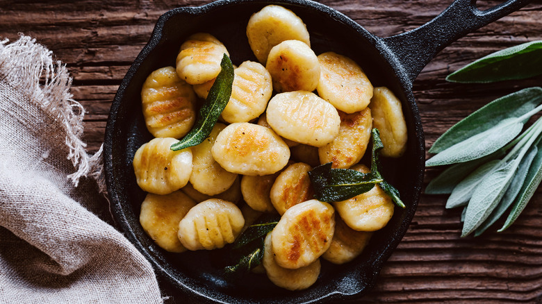 Cooked gnocchi in a skillet
