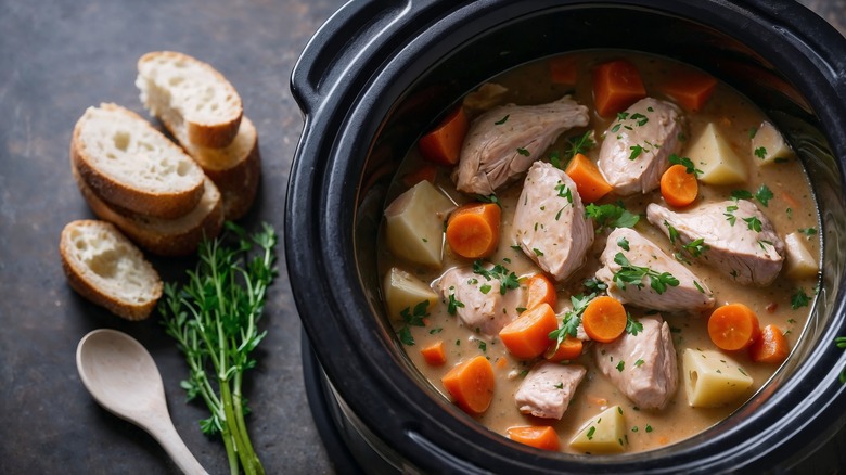 Pieces of chicken simmering in a slow cooker with carrots, potatoes, and broth