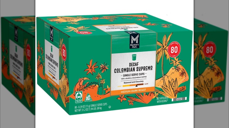 Green box of Member's Mark Colombian Supremo Decaf Coffee Pods 80-count