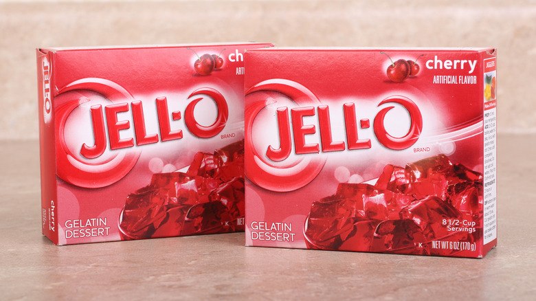 Two boxes of cherry Jell-O.