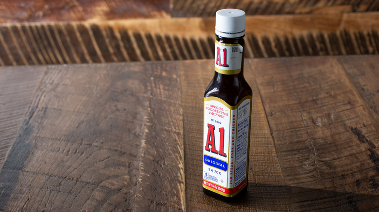 a1 steak sauce on wood table