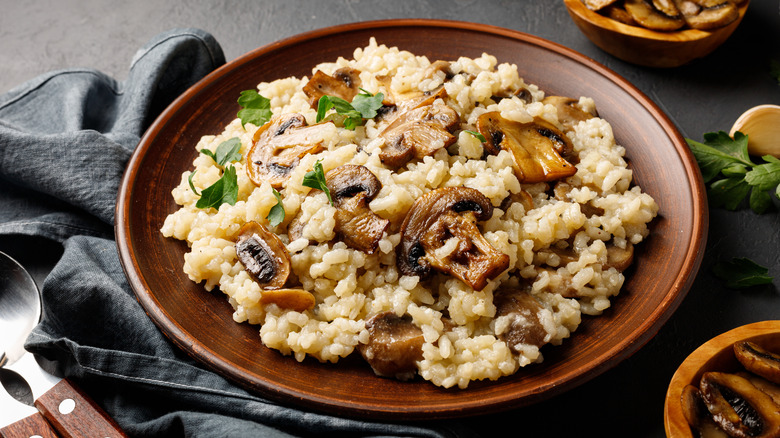 mushroom risotto on a brown plate