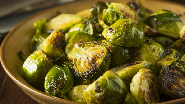 A bowl of crispy caramelized roasted Brussel sprouts