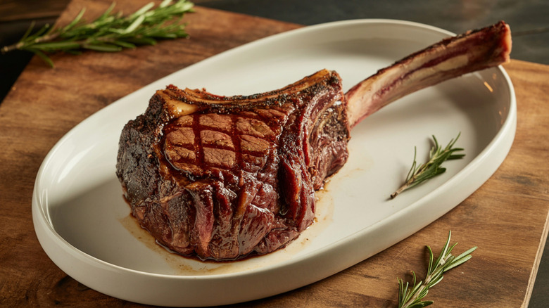 Grilled tomahawk beef steak rests on a white plate, with a few sprigs of rosemary scattered around it