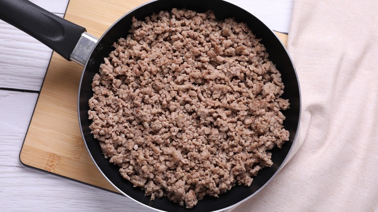 Cooked ground beef in a pan