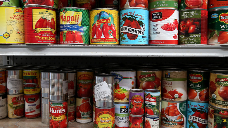 Canned tomato varieties in supermarket