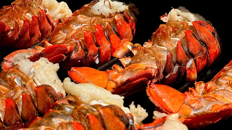 Red lobster tails cooking on grill grates