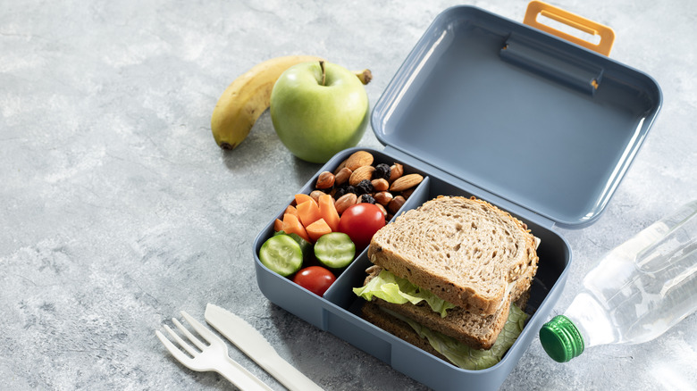 An open lunchbox on a countertop with a sandwich and veggies inside