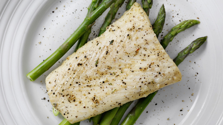 Poached halibut with asparagus