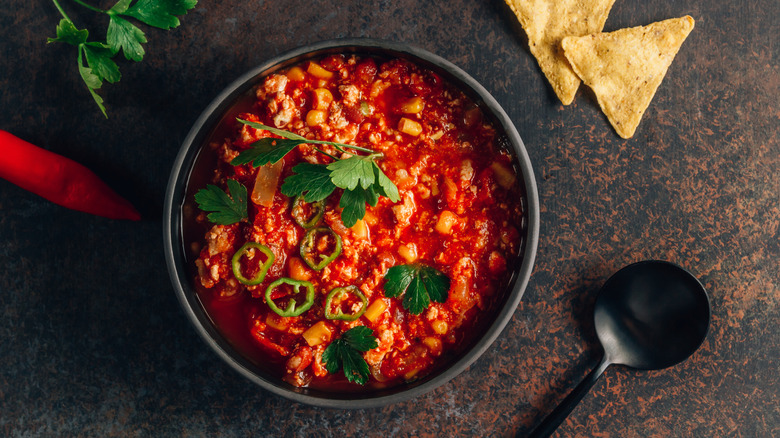 Bowl of chili with spoon