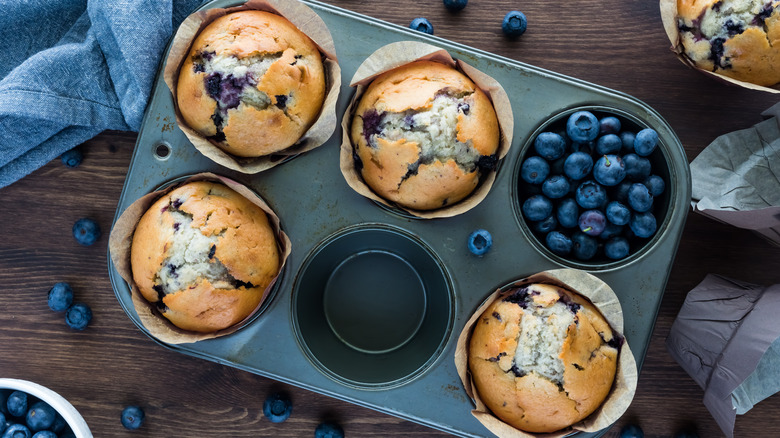 blueberry muffins in pan