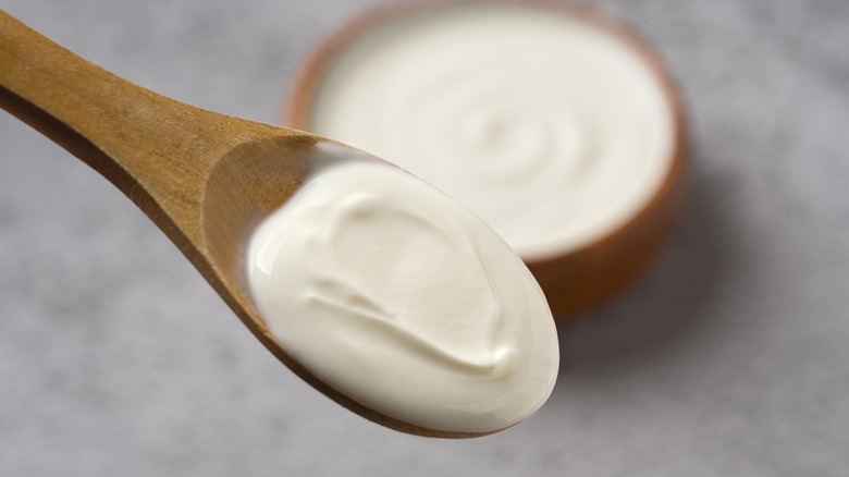 Top view of yogurt on a wooden spoon
