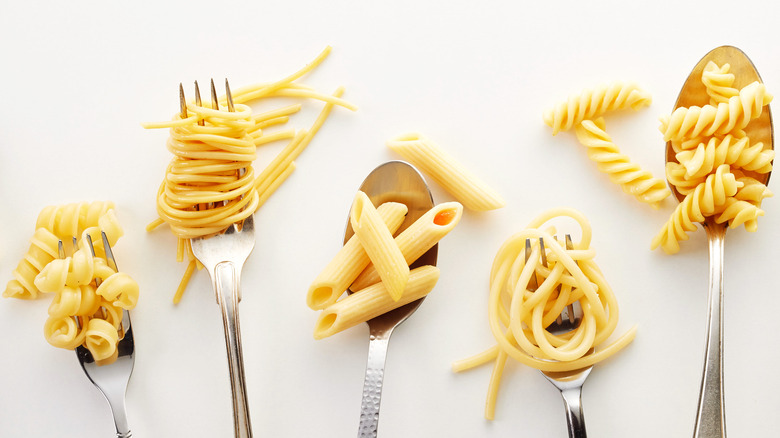 Different pasta on spoons and forks