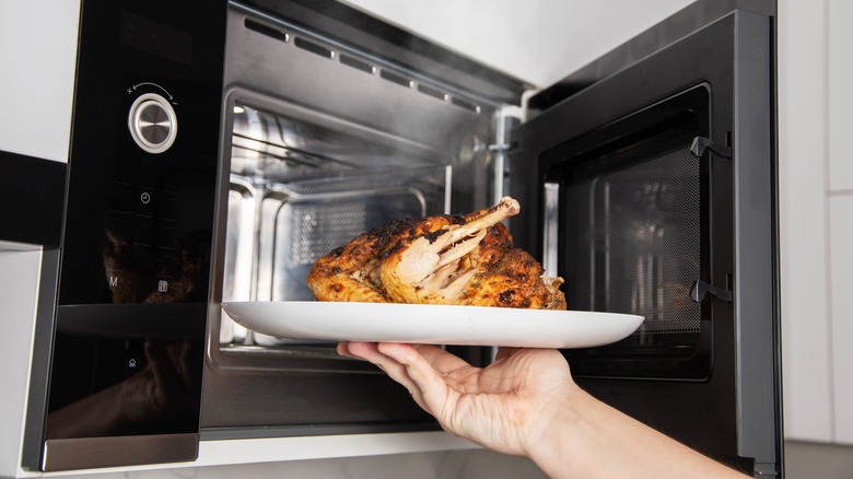 Person putting chicken in microwave