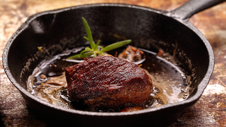 Steak on iron skillet