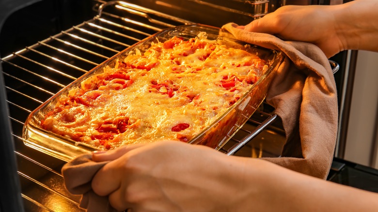 Casserole coming out of oven