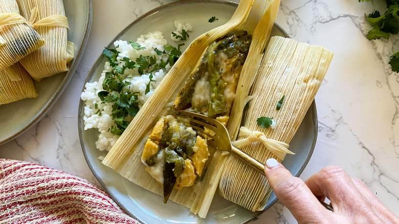 tomatillo and tamale in an open corn husk