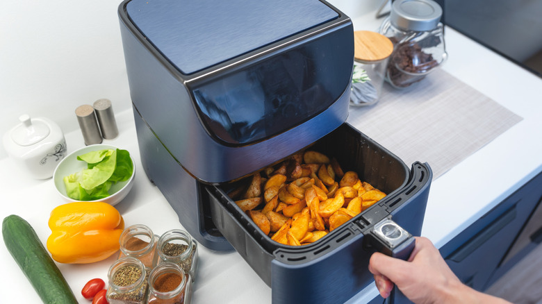 Person Reheating Fries in an Air Fryer