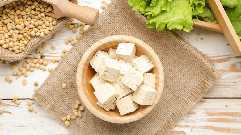 Bowl of cubed tofu
