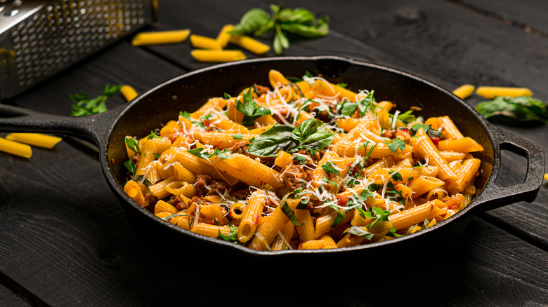 pasta dish in cast iron pan