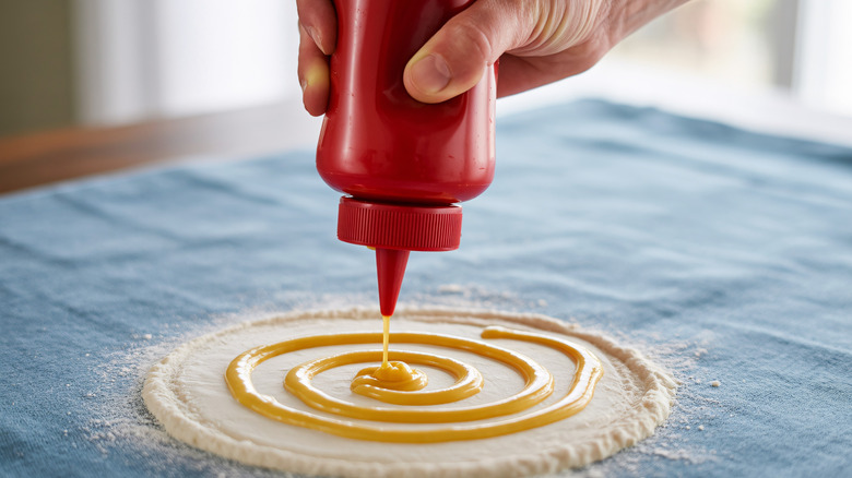 Hand squeezing ketchup bottle onto flour