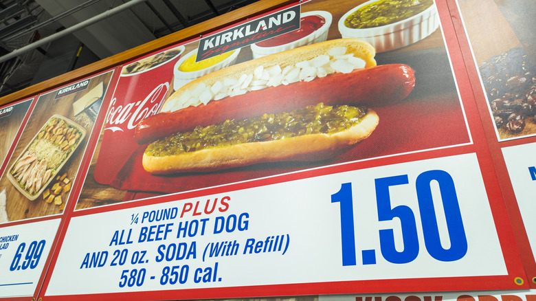 A costco cafeteria sign displaying a hot dog