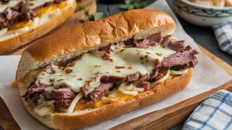 Chilli cheesesteak sandwich with sliced meat cut against the grain