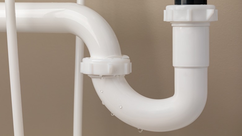 Plumbing with white P-trap under a kitchen sink