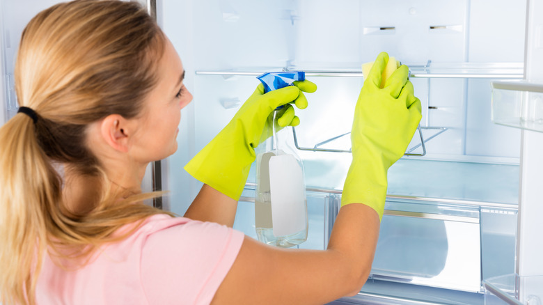 Woman Cleaning The Empty Refrigerator Door With Spray Bottle And Sponge