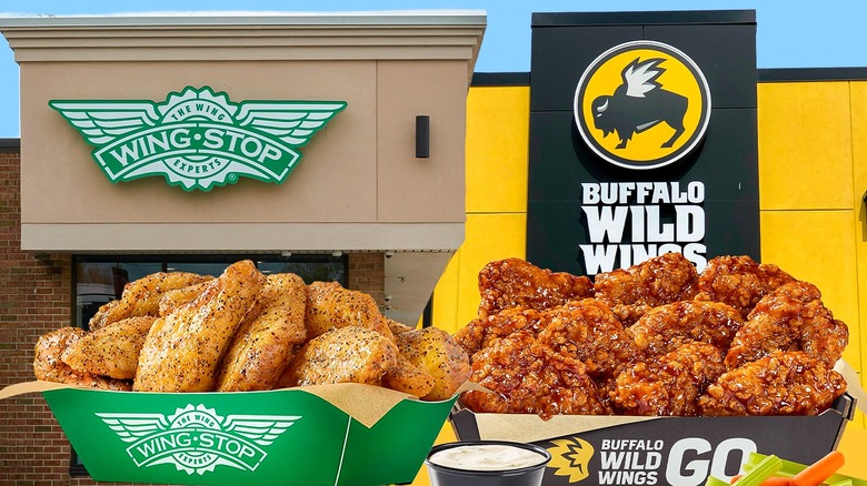 A Wingstop restaurant with chicken wings in the foreground on the left, a Buffalo Wild Wings restaurant with chicken wings in the foreground on the right