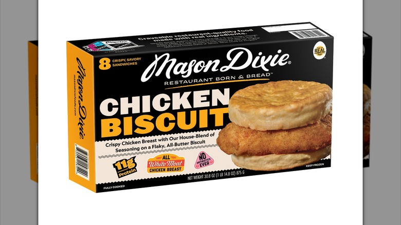 a box of Mason Dixie Chicken Biscuits from Costco on white background