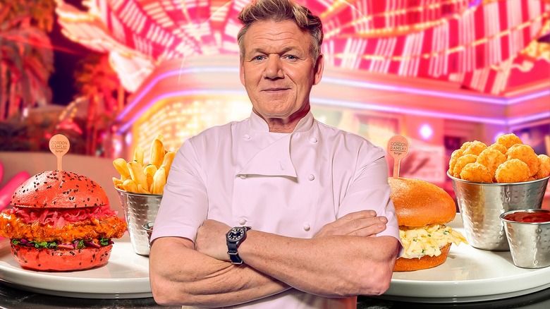 Composite image featuring Gordon Ramsay, the Flamingo in Las Vegas, and dishes from Gordon Ramsay Burger