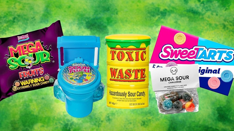 five brands of sour candy on green watercolor background