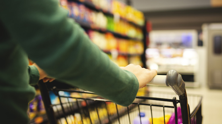 person with shopping cart in grocery store aisle